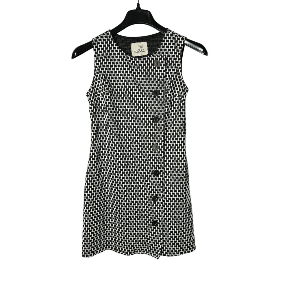 Tabitha Sleeveless Black & White Geometric Sheath Dress Size 4 Faux Button Front